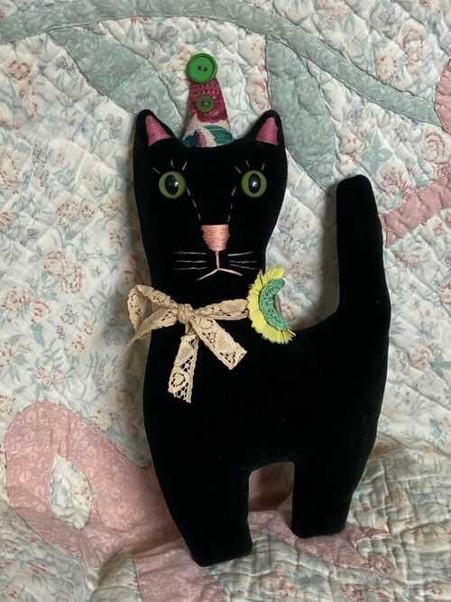 antique vintage style unusual black velvet cat handmade from old fabric.