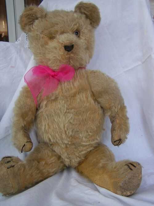 Old Vintage English 1950s Mohair Stuffed Toy Jointed Teddy Bear Glass eyes