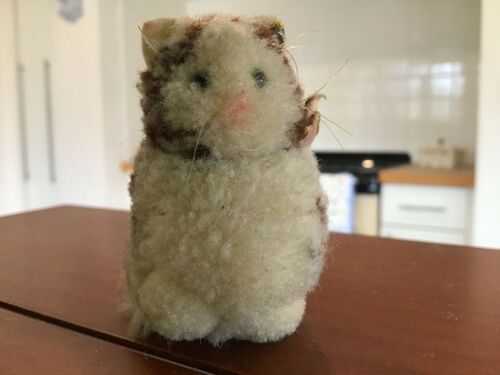 Vintage Antique miniature wool cat,pompom toy tabby cat,dolls house cat,button.