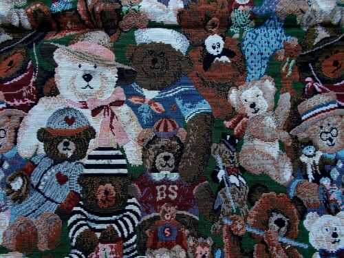 THICK UPHOLSTERY TAPESTRY FABRIC REMNANT DEPICTING ANTIQUE STEIFF and OTHER BEARS