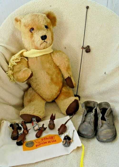 Vintage Dean's Gwentoy Teddy Bear, Pair Victorian Baby Shoes, Wooden Monkey Toy