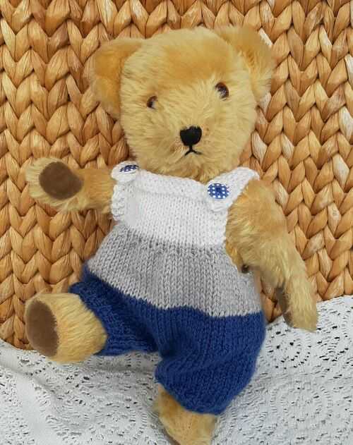 **BEAR KNITS** Hand Knitted blue/grey/white overalls to fit 12