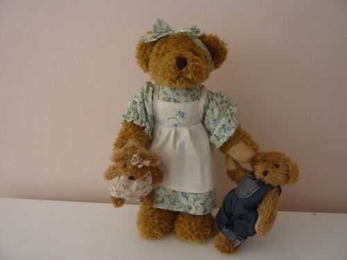 VINTAGE TEDDY BEAR HOLDING HER GIRL and BOY TEDDIES APPROX. 13