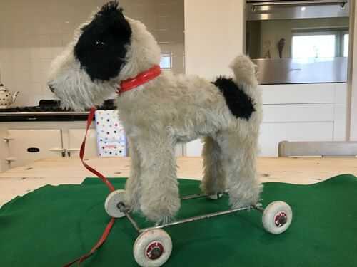 Antique vintage fox terrier on wheels, 1940s mohair toy dog on wheels.