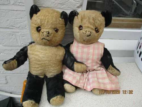 A Gorgeous Pair of Vintage Panda Teddy Bears-Mr and Mrs Panda-c1950-With Bells.