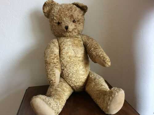 Large 25 Inch  Antique Articulated Straw Filled Smiling Growling Teddy Bear