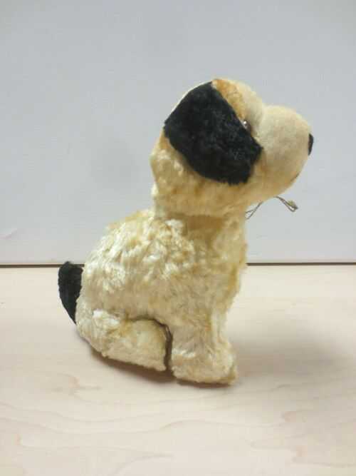 Vintage Small Chiltern Hygenic Toys Dog with Label Beige with Black Ears A94