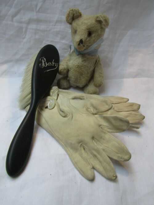 Vintage well loved little dumpy Bear Babies Hair Brush and pair of Mini Kid Glove