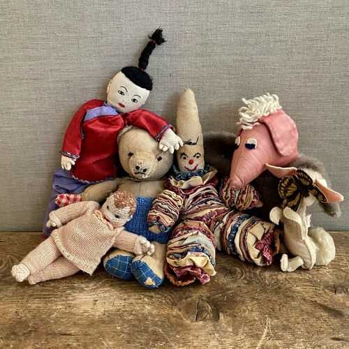 Six dear old friends | Teddy, Baby Boy, Harlequin, Pig, Dog, Cloth Doll