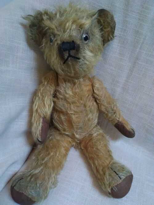 Vintage  Antique 1930s Jointed Teddy  Bear Golden Mohair Glass Eyes