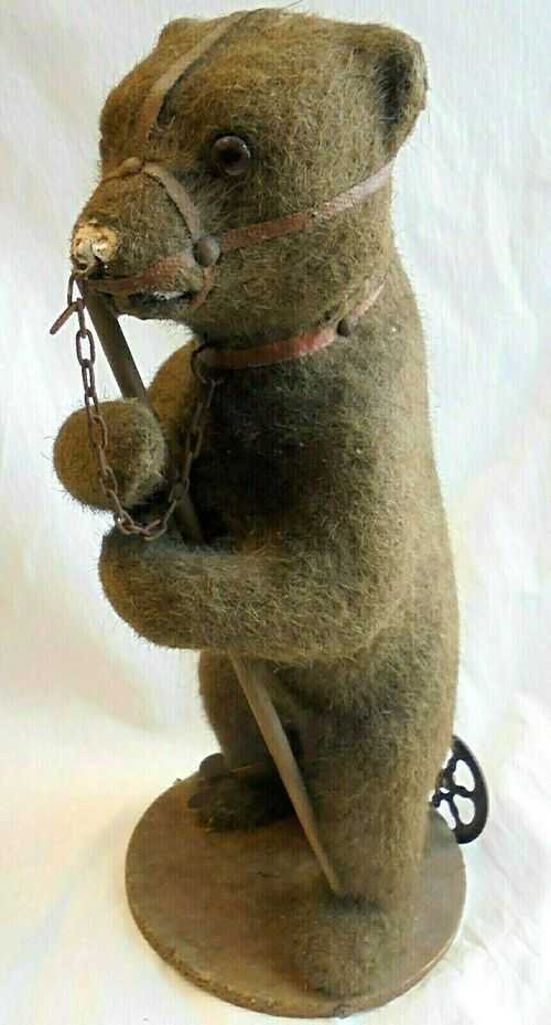 Antique Clockwork Early to Mid Victorian Wind-up Muzzled BEAR with Staff. Rare.