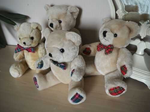 4 Vintage Teddy Bears With Tartan Print paws and bow ties - Jointed Limbs