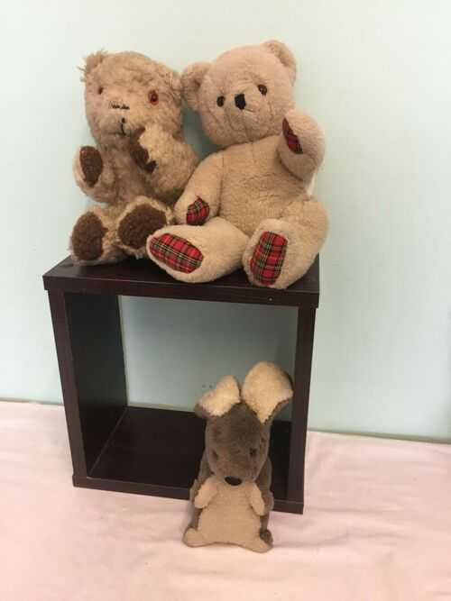 3 sweet vintage stuffed animals; Two bears and a rabbit. All plush