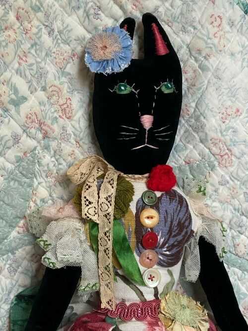 antique vintage style unique black velvet cat handmade from old fabric.