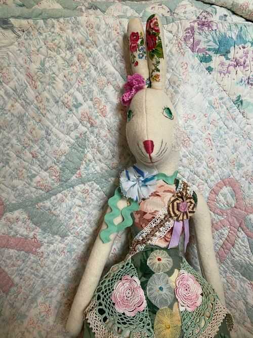 antique vintage style unusual rabbit handmade from old fabric