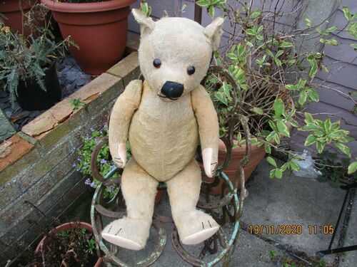 A Large Antique Vintage 5 Way Jointed Golden Mohair Teddy Bear-c1930-Straw Fill