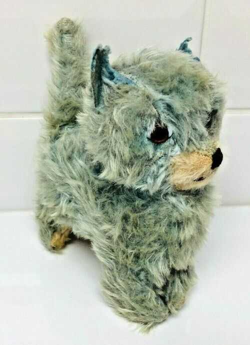 Vintage 1950s Straw Filled Blue Mohair Cat Dog Toy Chester