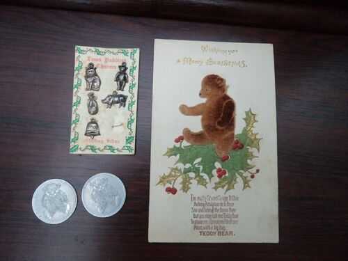 Vintage silver Christmas pudding charms, postcard  and Peek Frean's teddy tokens