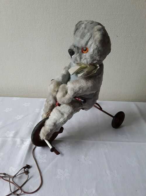 Antique Vintage Toy Teddy Bear on Bike Glass Eyes Collectors Item TLC Project