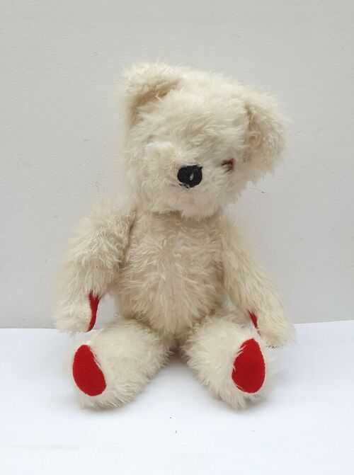 Vintage White Faux Fur Jointed Teddy Bear with Red Velvet Pads, Missing Eye, 12