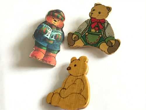 3 Vintage Paddington bear Christmas Carol, Hermann wooden bear brooch pin