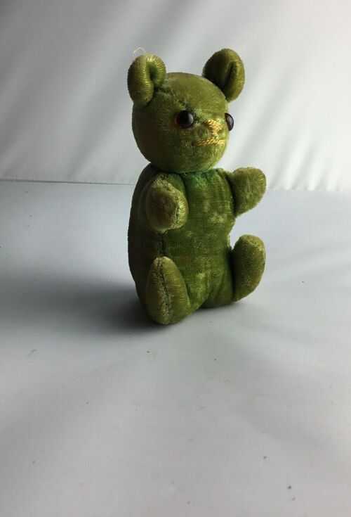 vintage green plush miniature teddy bear sewn nose glass eyes