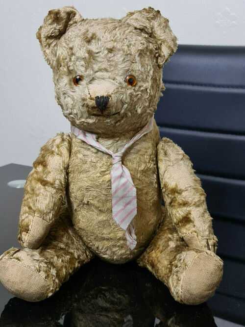 Antique Gold/Brown Plush Teddy Bear with Glass Eyes and Tie