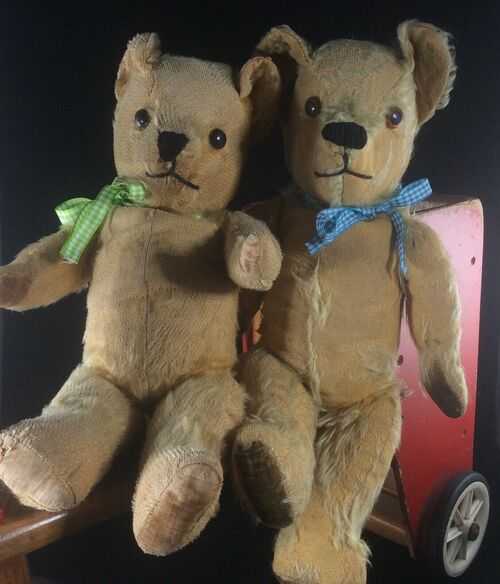 Vintage Pedigree English Labelled Twin Teddy Bears, 15 inches tall, glass eyes