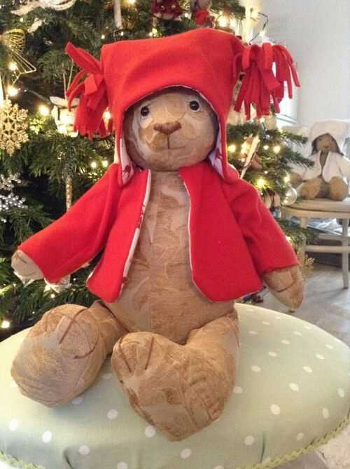 Handmade Christmas Teddy Bear with Growler in Red Fleece Jacket and Hat 22 inche