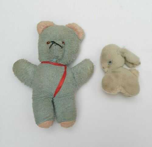 Vintage 1960s Handmade Pale Blue Teddy and White Baby Bunny Rabbit