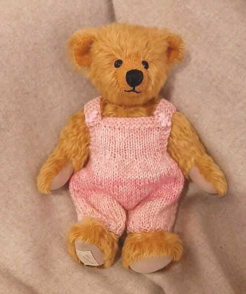 **BEAR KNITS**  Hand Knitted teddy clothes overalls in pink  to fit 10 