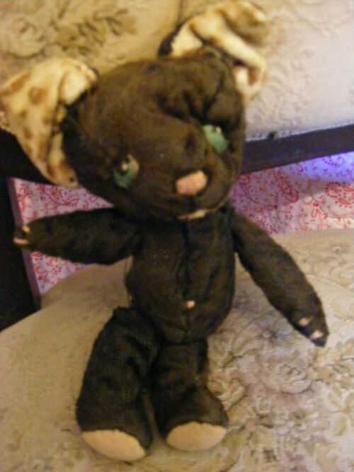 Vintage 1920s hand made cat toy brown velvet sewn eyes and nose spotty ears