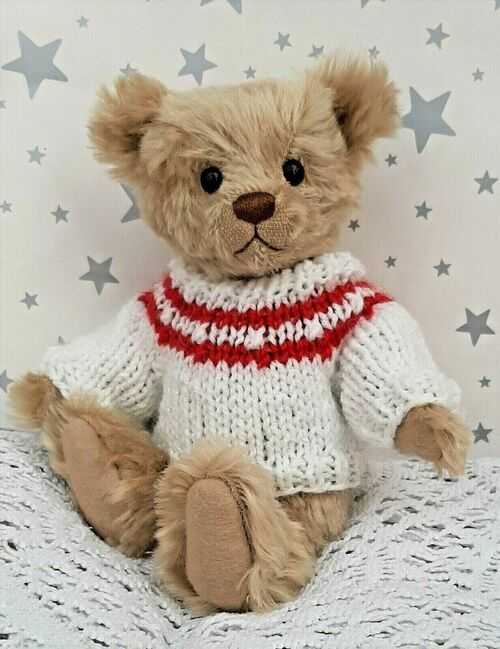 **BEAR KNITS** Hand Knitted white with red yoke  jumper to fit approx 8
