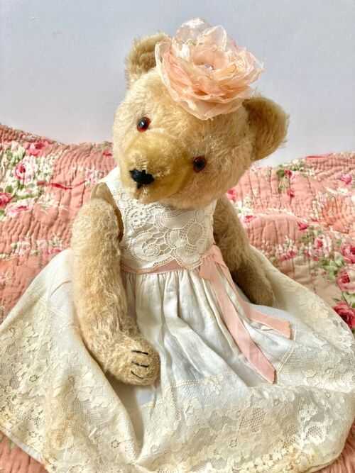*Angel Delight* 1950s Hermann Teddy Bear c/w Vintage Dress and Floral Headpiece