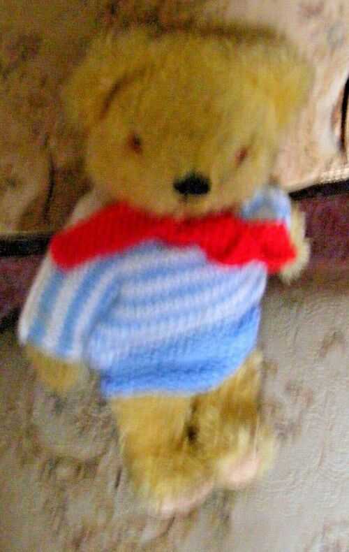 Vintage teddy bear Jack in a hand knitted play suit and red scarf 12 inches