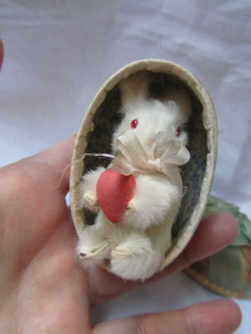 Antique Vintage Little Fur Rabbit German? Old cardboard Egg Box Dolls Accessory