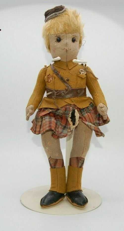 VERY RARE Antique Harwin WWI Ally Girl Highland Soldier Felt Doll Old Teddy Bear