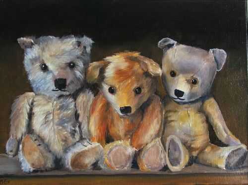 New Original Oil Painting of Antique Teddy Bears 16 x 12ins Bobby Cox