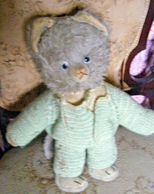 Vintage toy stuffed cat velvet feel body fur fabric head knitted clothing worn