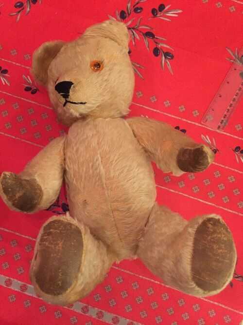 Vintage Old Blonde Mohair Jointed Teddy Bear 1950s with stitched nose