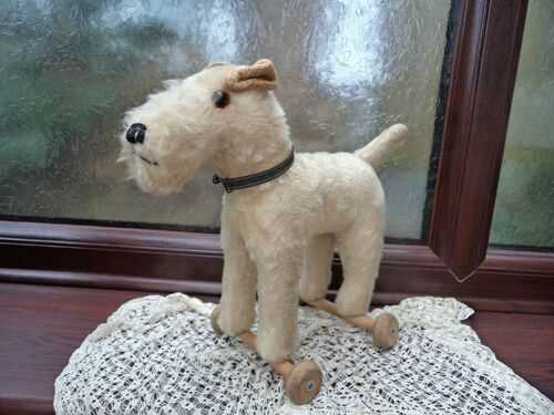 Old vintage mohair Fox Terrier dog on wooden wheels c1950s