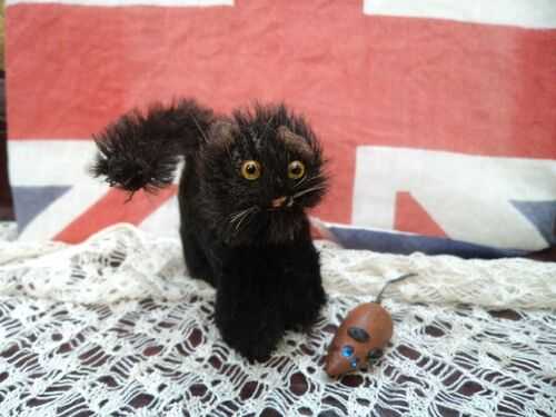 Rare old antique tiny miniature mohair lucky black mascot cat c1910s Farnell
