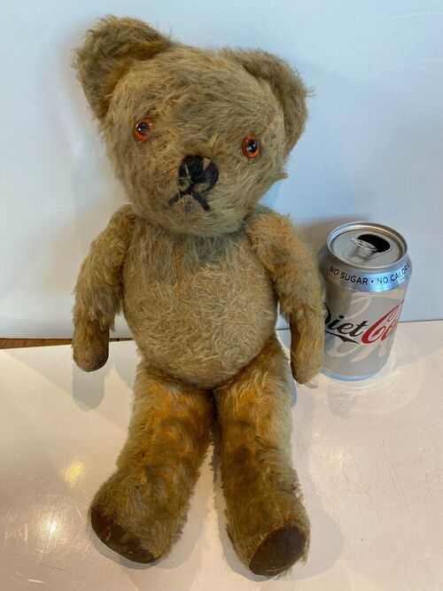 OLD VINTAGE ANTIQUE TEDDY BEAR 14 INCHES TALL MOHAIR  - MERRY THOUGHT?