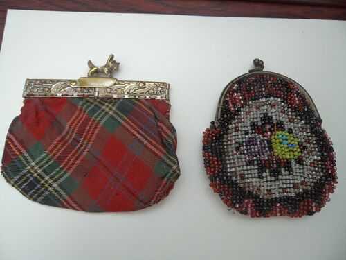 Two old vintage miniature purses/bags for antique doll/bear Scottish dog clasp