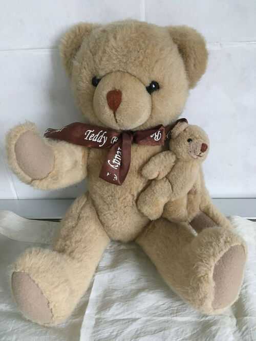 Vintage 'Cuddles Time' Teddy Bear with it's Baby Bear and brown ribbon Tie c 1960