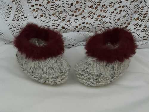 *BEAR KNITS* Hand Knitted grey marl fur trimmed slippers fit up to 5