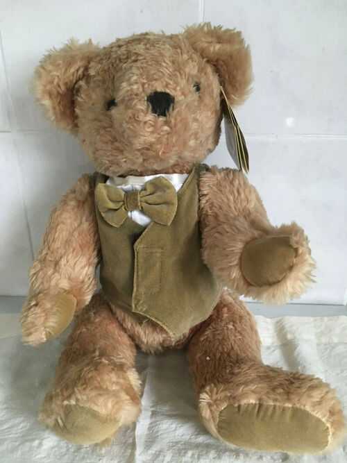 Vintage 'Winston' Teddy Bear Hand Made with Green Velvet Waistcoat and Tie c 1960