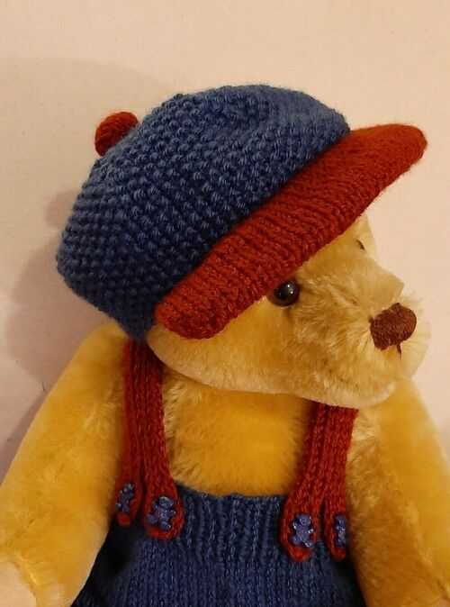 *BEAR KNITS*Hand Knitted blue and brick Peak Cap  to fit large size bear
