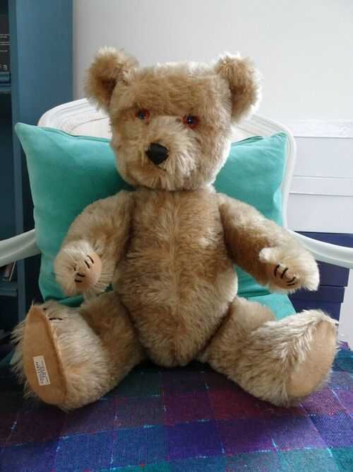 Vintage 1950s Teddy Bear Chiltern Hygienic label and belly bellows squeaker 18 in