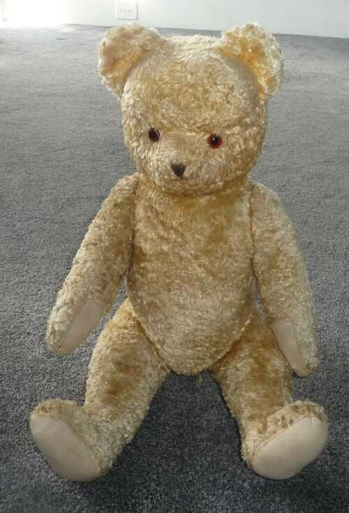 Large 1950's Faded Golden Plush Covered Straw Filled Teddy Bear